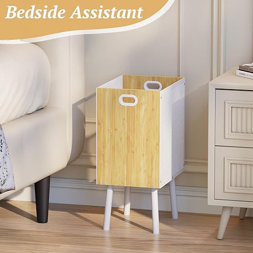 Small Trash Can Bamboo Waste Basket Garbage Can with Handles and Metal Mesh – Rectangular Wood Trash Can with Iron Frame & Legs, Cute Trash Bin for Living Room, Office, Bedroom, Bathroom, 4.5 Gallon