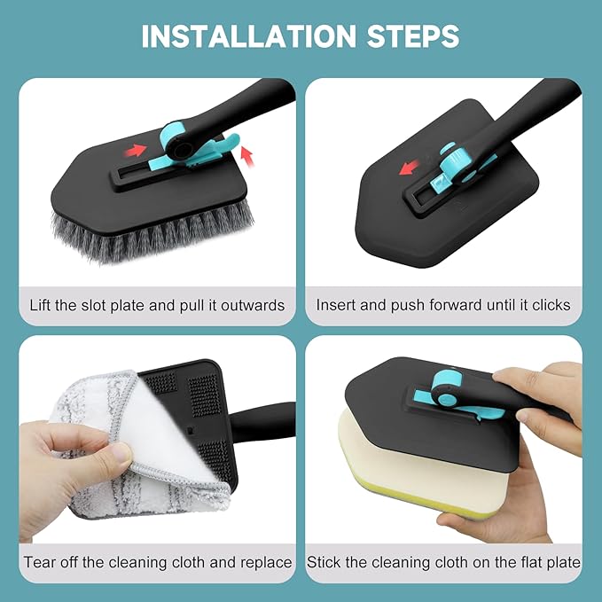 nacena Shower Scrubber with Long Handle, 3 in 1 Tile Tub Scrubber Brush with 3 Detachable Cleaning Heads Adjustable Handle Shower Cleaner Brush for Bathroom, Kitchen, Toilet, Wall, Sink, Black