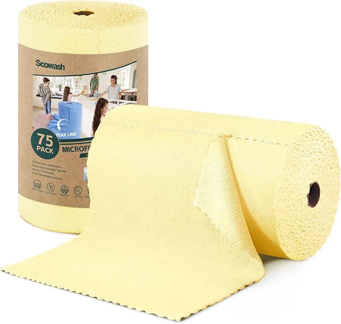 Microfiber Cleaning Cloths Roll, 75 Pack Tear Away Microfiber Towels Roll, 12" x 12" Lint Free Rags, Reusable Cleaning Cloths, Washable, Scratch Free,Ultra Absorbent Dish Rags(Yellow)
