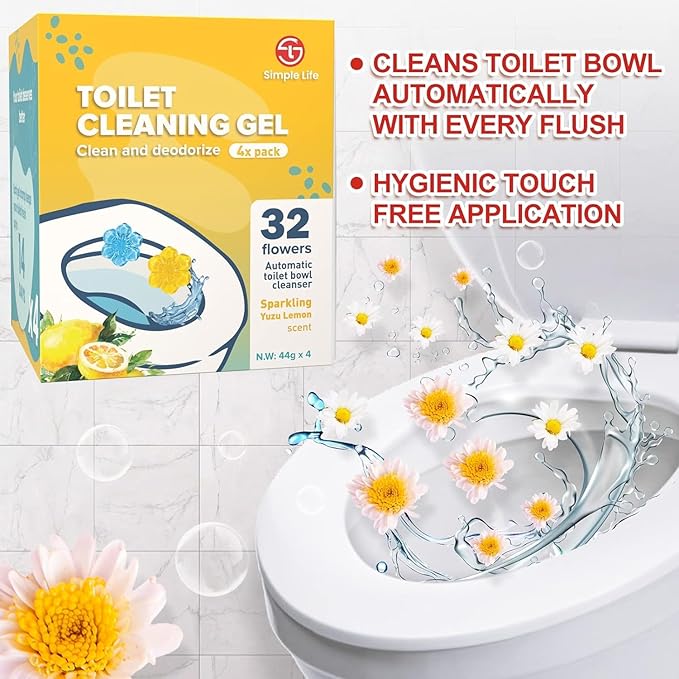 Simple Life Toilet Bowl Cleaner Gel | Fresh Flower Toilet Gel Stamp | Stops Limescale and Stains with Air Freshening Scent | Deodorizing Clean | 32 Stamps, Blue & Yellow