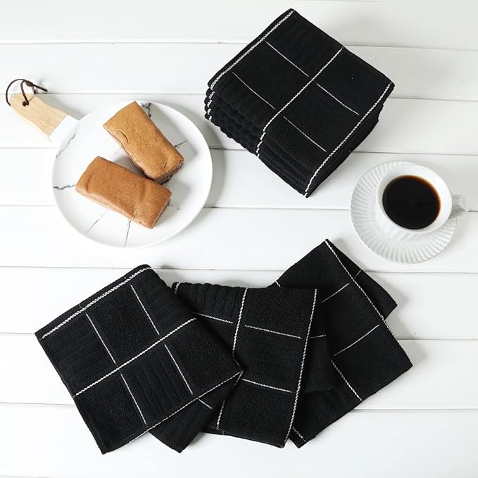Glynniss Dish Cloths for Kitchen Washing Dishes, Super Absorbent Dish Rags, Cotton Terry Cleaning Cloths Pack of 8 (Black, 12x12 inches)