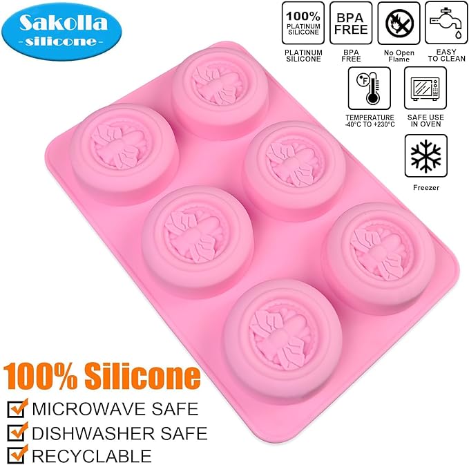Sakolla 2 Pack Silicone Soap Molds, 6 Cavity Round Honeybee Silicone Molds for Homemade Soaps, Lotion Bar, Jello, Bath Bomb, Beeswax, Resin, Chocolate and Dessert (Pink)