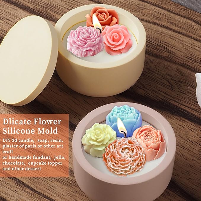 Wehous Flower Molds Silicone, 7 Cavity Rose Peony Fondant Mold for Jelly Chocolate Cake Decorating, 3D Candle Soap Silicone Mold Floral Epoxy Resin Casting Clay Mould Handmade Art Craft Accessories