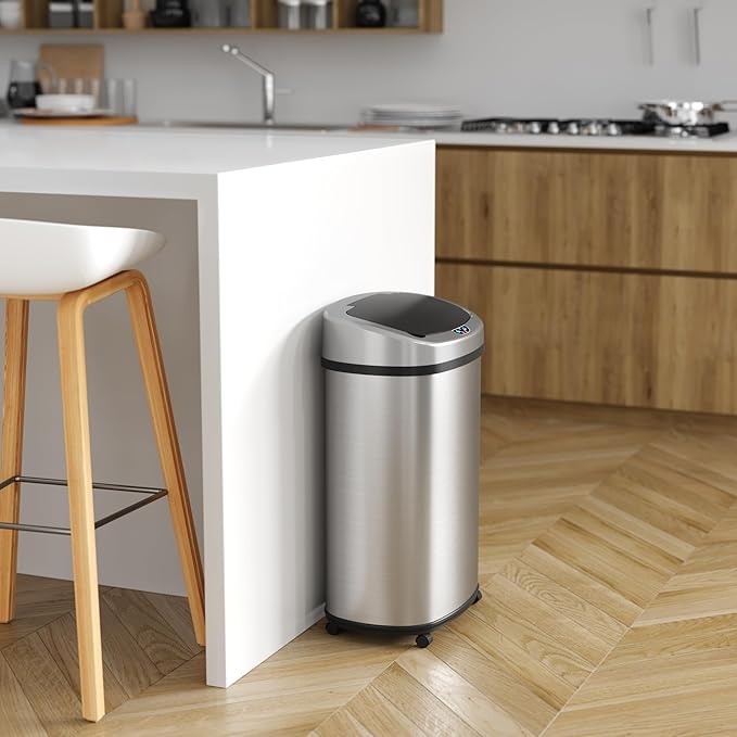 iTouchless Glide 13 Gallon Sensor Trash Can with Wheels and Odor Control System, Stainless Steel, Oval Shape Automatic Kitchen and Office Garbage Bin (Powered by Battery or Optional AC Adapter)