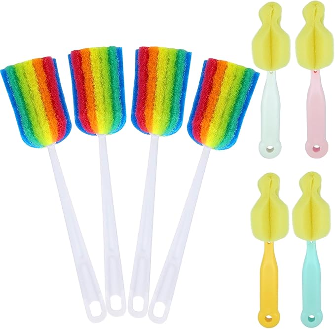 Bottle Brush Cleaner 4PCS Sponge Cleaning Brushes Long Handle Scouring Pad Scrub Brushes for Kitchen Clean Baby Bottle Glasses Mugs Cups (4 Colorful Brush+4 Nipple Brush)