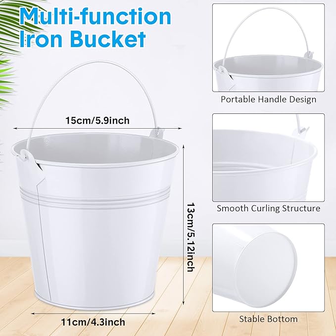 Rtteri 24 Pcs Small Metal Buckets with Handle Mini Buckets Bulk for Easter Party Favors Classroom Pencil Holder Flower Pot Plant Basket for Crafts DIY Projects, 6 x 5 Inch(White)
