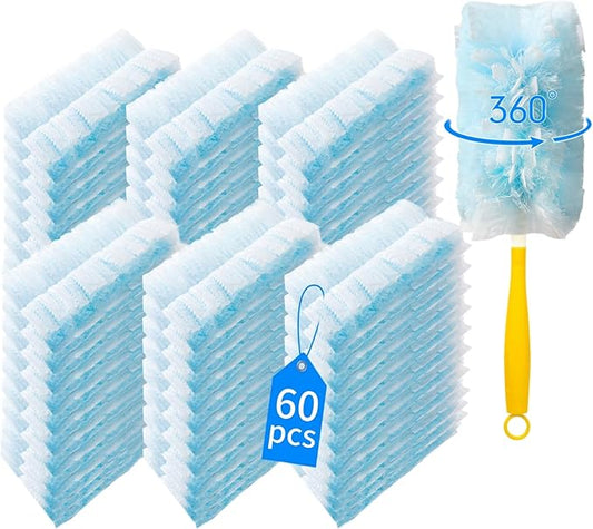 60 Count 360° Heavy Duty Duster Refills Compatible with Swiffer, Large Size-Extra Thick Disposable Electrostatic Duster Refill with 1 Short Handle for Furniture, Blinds, Ceiling Fans(Blue)