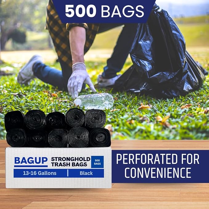 BAG UP Solutions Stronghold Trash Bags, Garbage Bags, Bin Liners, For Domestic & Office Use, 13-16 Gallons, 24 x 33 Inches, 500 Bags, Black