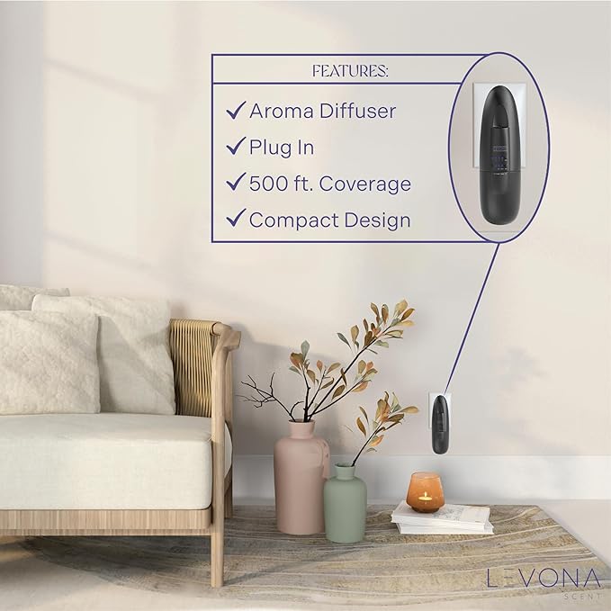 Levona Scent Essential Oil Diffuser - Plug In Air Freshener for Home, Household Supplies & Hotel, Waterless Diffuser & Nebulizer, 500 sqft - Abela 100, Matte Black (Button Control, 120ml Oil Included)