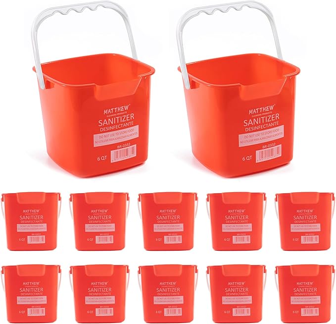 Matthew Detergent&Sanitizing Cleaning Bucket 6 Quart Plastic Pail,Set of 12 Square Containers,Built-in Spout w/Handle,Wash Rinse Sanitize Handwash Bucket for Home Office Commercial Restaurant (Red)