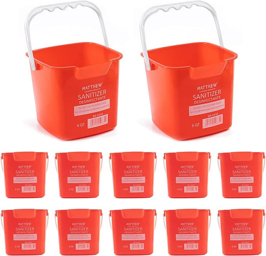 Matthew Detergent&Sanitizing Cleaning Bucket 6 Quart Plastic Pail,Set of 12 Square Containers,Built-in Spout w/Handle,Wash Rinse Sanitize Handwash Bucket for Home Office Commercial Restaurant (Red)