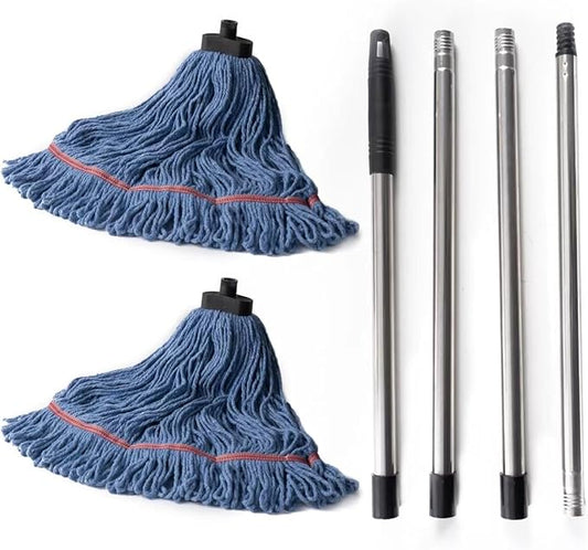 Matthew Large Commercial&Residential Mop Heavy Duty Industrial Mops w/Screw-on handle(Fit Standard American Screw)Looped-End String Wet Cotton Mops for Home,Office,Warehouse - 1 Set&2 Mop Replacements