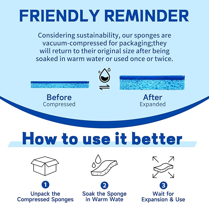 12 Count Non-Scratch Dish Sponges Kitchen, Long Lasting Cleaning Sponges for Dishes,Dual Sided Kitchen Sponges, Cleans Fast Without Scratching, Easy to Dry and Reusable-Blue