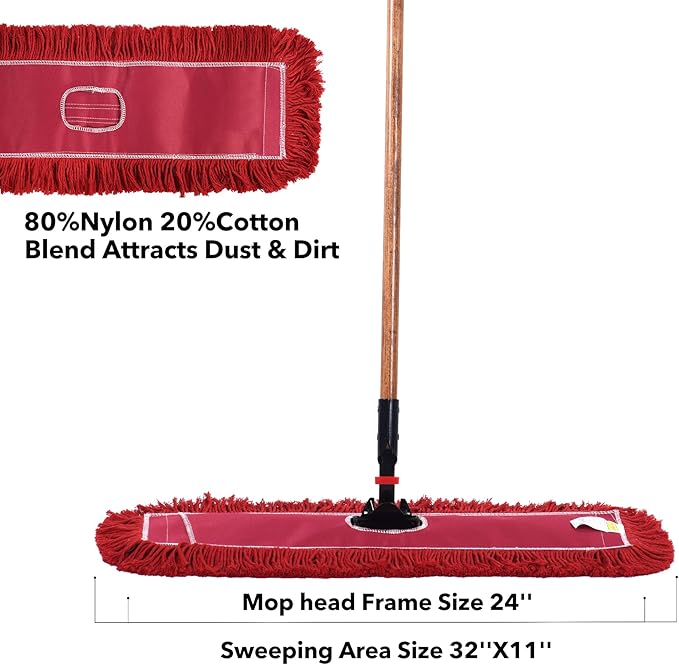Matthew Cleaning 24'' Industrial Strength Cotton Dust Mop Refill Washable Replacement Heads for Residential & Commercial Use Fit Standard Dust Mop Frames, Hardwood,Concrete Floors Red 3 Pack