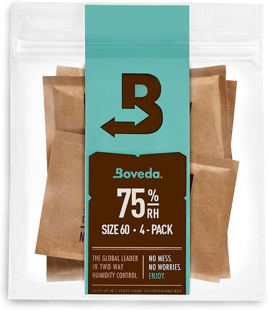Boveda 75% Two-Way Humidity Control Packs Fix Major Moisture Loss in Non-Plastic Humidifier Boxes – Size 60 – 4 Pack – Moisture Absorbers – Humidifier Packs – Hydration Packets in Resealable Bag