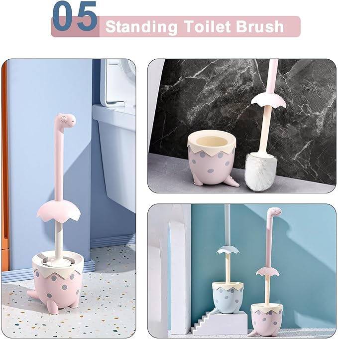 Dinosaur Shape Toilet Brush, Cute, Compact, 1-Pack, Pink, TPR Bristles