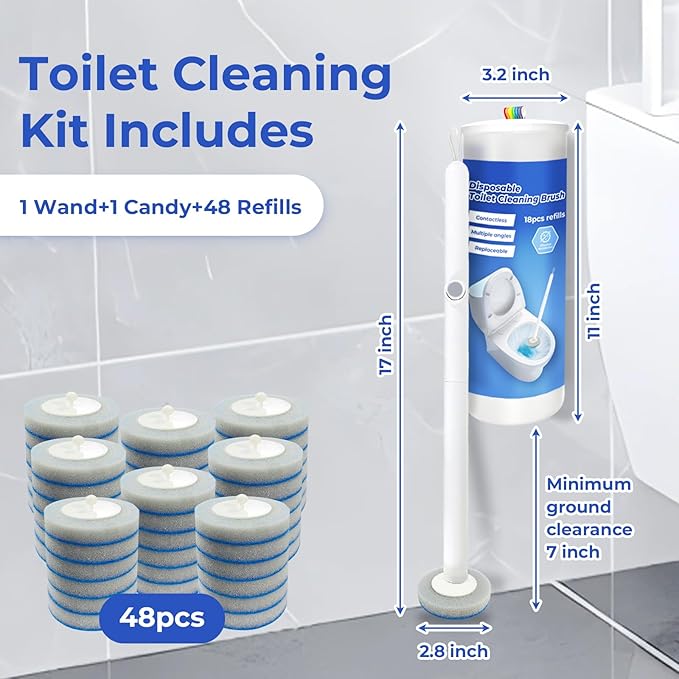 Disposable Toilet Brush&Holder with 48pcs Refills Pads, Toilet Cleaning Kit System,Toilet Bowl Cleaner Wand Holder and Set (1 Wand+1 Caddy+48 Refills)