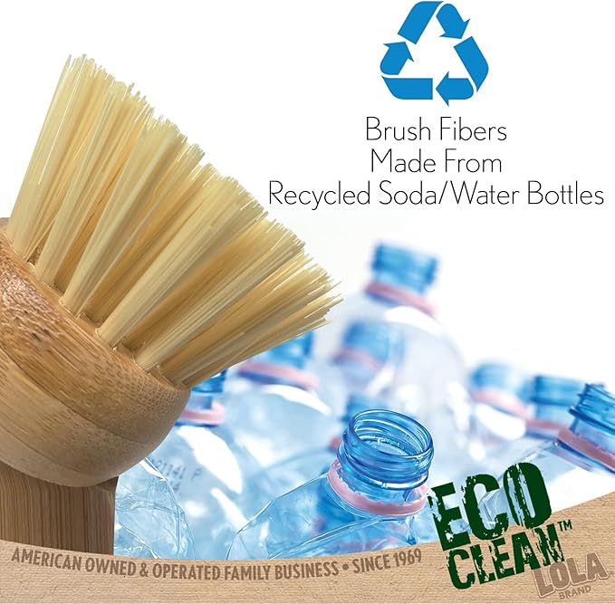 LOLA Eco Clean Bamboo Dish Brush, Multi Purpose, Sustainable Ergonomic Renewable Bamboo Handle, Fibers are Recycled Soda/Water Bottles - 1 CT