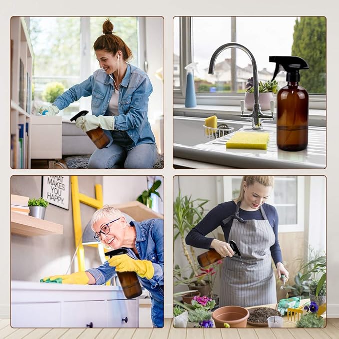 Glass Spray Bottles, 16oz*2+4oz*2+2oz*4 Refillable Containers, Empty Boston Round Bottles with Adjustable Nozzle for Cleaning, Gardening, Aromatherapy, Pets, Plant, Hair -Amber
