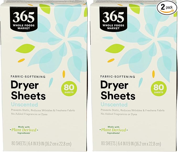 365 by Whole Foods Market, Dryer Sheets Fabric Softener Unscented, 80 Count (Pack of 2)