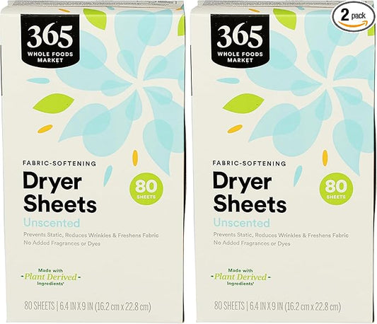 365 by Whole Foods Market, Dryer Sheets Fabric Softener Unscented, 80 Count (Pack of 2)