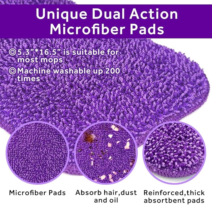 16.5 inch Mop Pads Refills, 3 Pack Microfiber Reusable Replacement Mop Pads Flat Replacements Heads for Wet Or Dry Floor Cleaning and Scrubbing, Purple Cloth