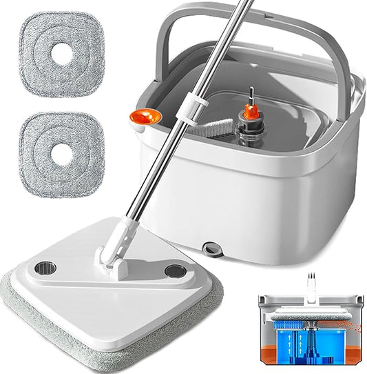 Spin Mop and Bucket Set with Self - Separation System, 360 - Degree Spinning Self - Wringing, Square Cleaning Mop and Bucket with Wringer, with Replaceable Mops (Light Grey - 2 Pads)