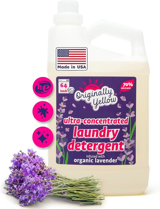Originally Yellow Plant Based Laundry Detergent | Ultra-Concentrated Natural Laundry Detergent with Organic Lavender | High-Efficiency Clean, Tough on Stains, Gentle on Fabric | 64Oz