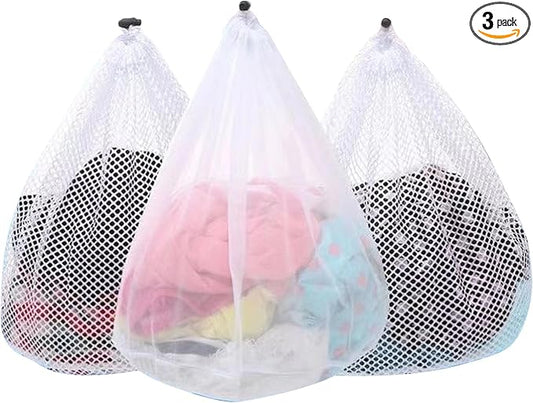 3Pcs Mesh Laundry Bags Washing Machine Mesh Wash Bags Jumbo for Delicates Clothes,Bed Linen,Toys with Drawstring Closure Sturdy(3 XXLarge 28 x 26 Inches)