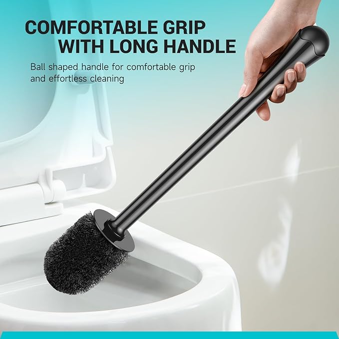 Toilet Brush and Holder, 2 Pack Toilet Bowl Brush with Long Handle, Plastic Holder Easy to Hide, Drip-Proof, Easy to Assemble, Deep Cleaning, Black