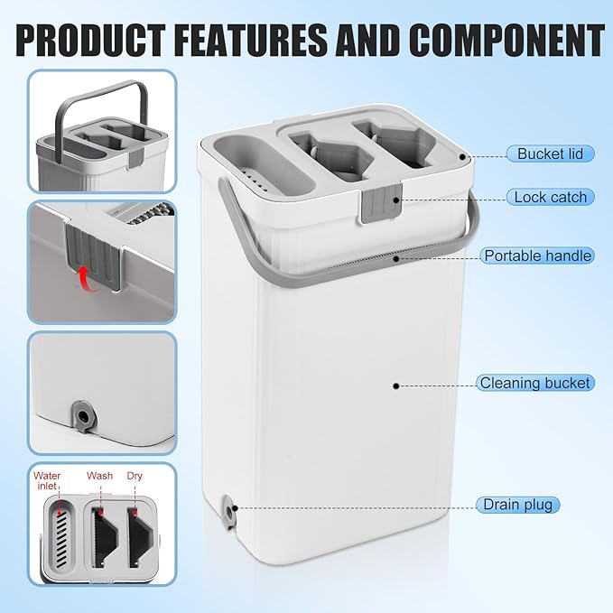 Flat Mop and Bucket with Wringer Set, Hands-Free Floor Mop and Bucket with 3 Reusable Washable Microfiber Pads and 66" Stainless Steel Handle, Wet and Dry Use for Home Floor Cleaning