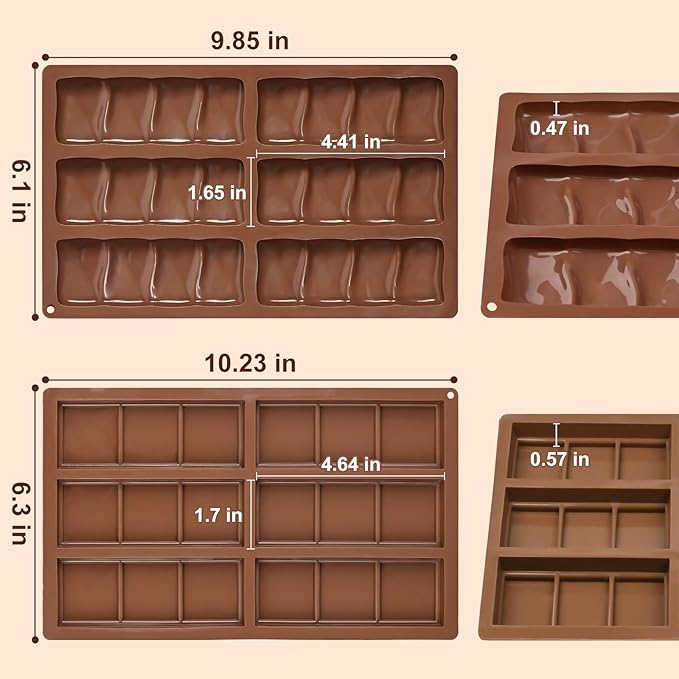 Chocolate Molds, 2 Pack Deep Silicone Chocolate Bar Molds, Non-Stick Chocolate Molds for Dubai Pistachio Stuffed Knafeh Bars, Energy Protein, Wax Melts, Homemade Candy Snacks, 2 Style
