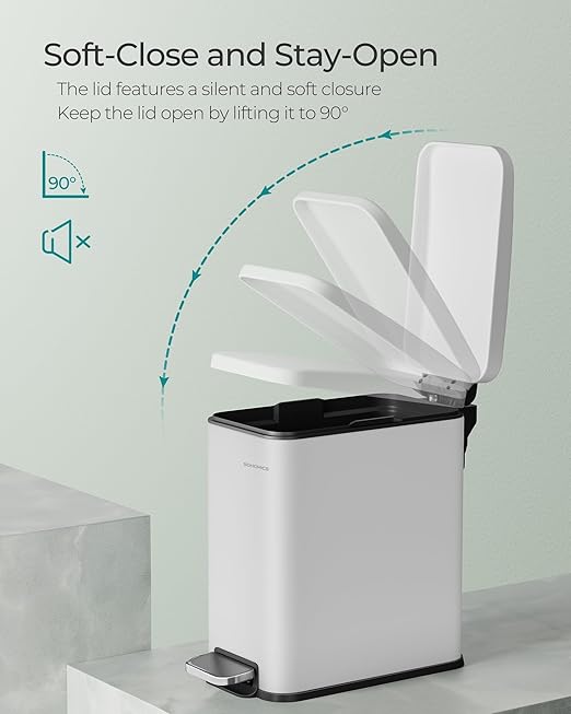 SONGMICS Bathroom Trash Can, 1.3 Gallon (5 L) Small Trash Bin with Lid, Slim for Small Spaces, Stainless Steel Garbage Can, Soft Close, White ULTB560W05