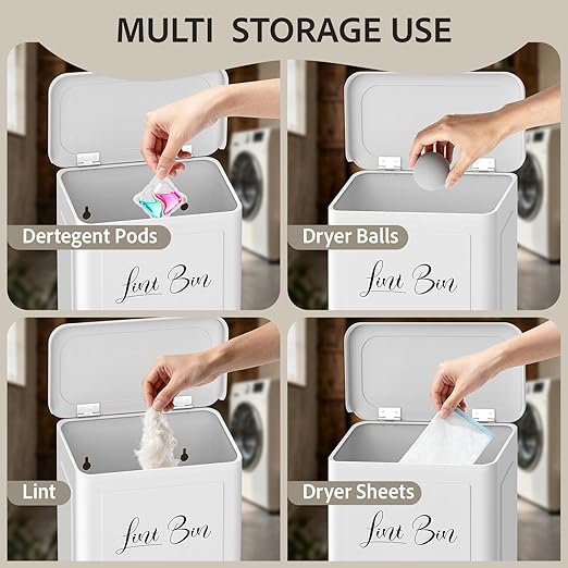 Sealegend Magnetic Lint Bin for Laundry Room with Dryer Lint Brush, Wall Mounted Metal Trash Can with Lid for Dryer, Space-Saving Laundry Organization and Storage, White