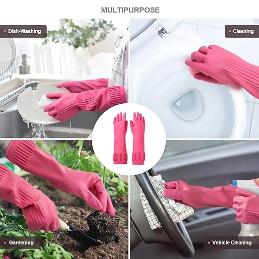 Mamison 2 Pairs Reusable Waterproof Household Dishwashing Cleaning Rubber Gloves, Non-Slip Kitchen Glove (Pink, Medium (Pack of 2))