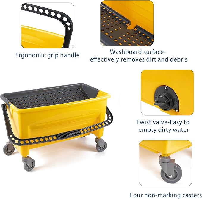 Matthew Cleaning Microfiber Finish Bucket with Sieve,Press Wring Mop Bucket for Microfiber Flat Mops, Mop Bucket with Non-Marking Casters Wheels,44" Yellow