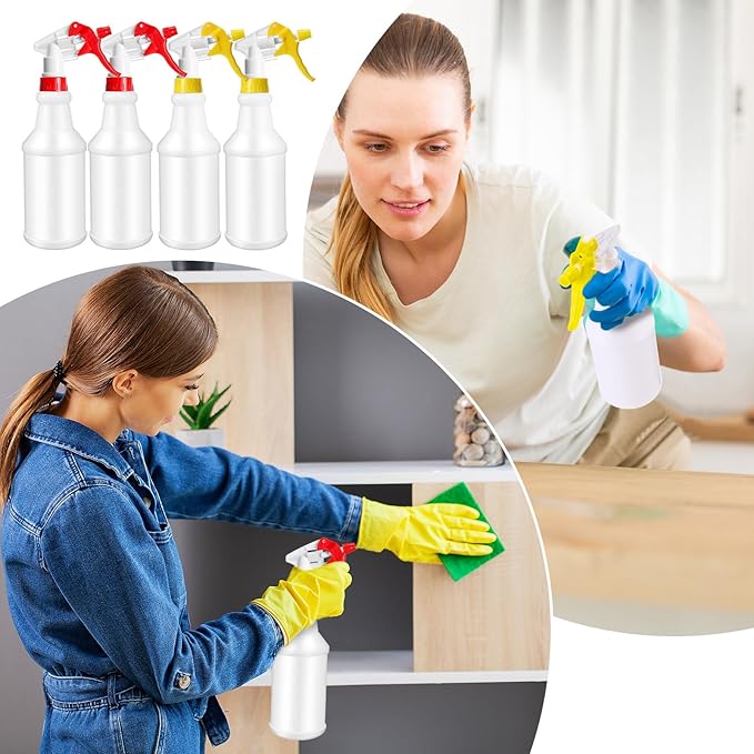 Gerrii 12 Pcs Plastic Spray Bottles with Adjustable Nozzle and Label for Cleaning 24 oz Anti Leak HDPE Spraying Bottles Empty Water Squirt Bottle(Red, Yellow)