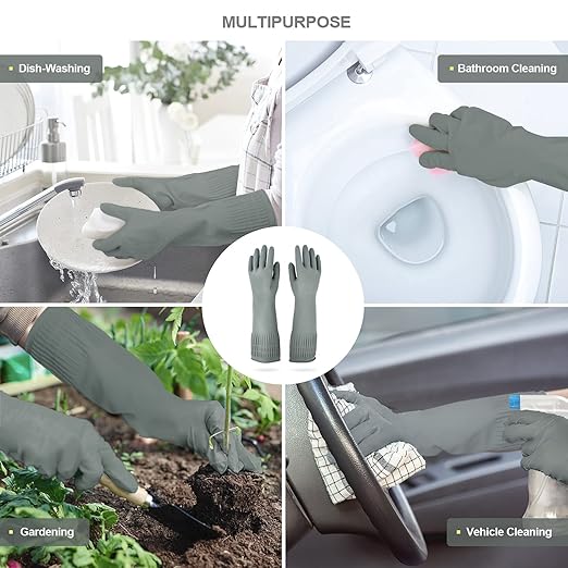 Mamison 2 Pairs Reusable Waterproof Household Dishwashing Cleaning Rubber Gloves, Non-Slip Kitchen Glove (Grey, Medium (Pack of 2))
