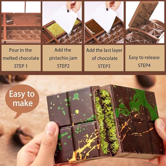 Deep Chocolate Molds Silicone - 4 Different Shapes,Dubai Chocolate Bar Mold,Homemade Candy Bar Baking Molds - Set of 2