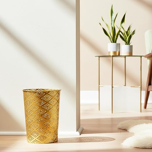 Metal Gold Trash Can, Modern Cylindrical Gold Garbage Can, Metal Waste Basket for Office Bathroom Bedroom & Small Spaces, 7.28" D x 10" H
