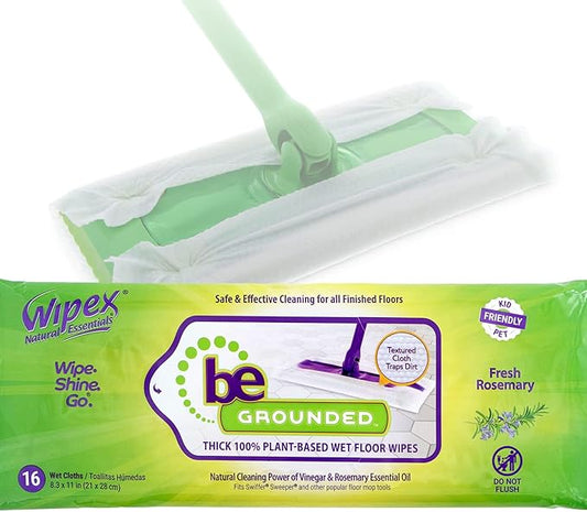 Wipex Wet Floor Wipes - Natural Wet Mop Pads Fit Swiffer Sweeper Mop - Rosemary Essential Oil & Vinegar & Plant-Based Textured Cloth Trap Absorb Dirt, Case Size - 16 Floor Cleaner Pads