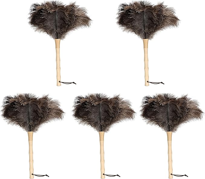 Ostrich Feather Duster 16 inch Fluffy Natural Genuine Ostrich Feathers with Wooden Handle and Eco-Friendly Reusable Handheld Ostrich Feather Duster for Cleaning Supplies(5PCS)
