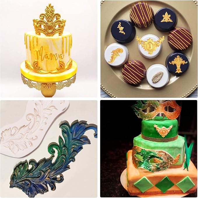 Baroque Silicone Molds Relief Chocolate, Border Feather Scroll Mold for Wedding Cake Decoration, Cupcake Toppers Clay Candy