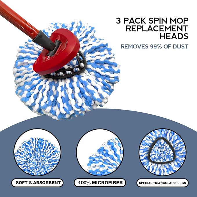 2-Tank Spin Mop Replacement Head, 3 Pack Mop Head Replacement, Microfiber, Machine Washable, Easy to Replace and Deep Cleaning