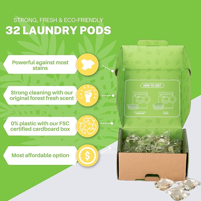 Laundry Detergent Pods, 32 Count, Fresh Scent, Eco Friendly, Biodegradable, HE Compatible, Powerful Stain & Odor Removal, Skin Friendly