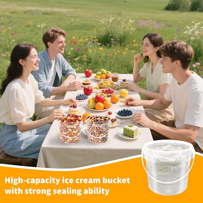 24 Pcs 48 oz Clear Buckets with Lids, Plastic Ice Cream Containers with Colorful Stickers and Handle, Round Food Storage Pails for Freezer and Microwave