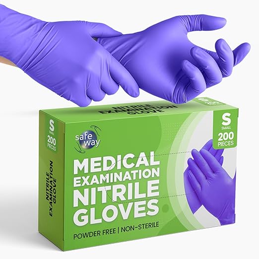 SafeWay Nitrile Gloves, 200 Ct, Small, Powder-Free, Latex-Free, All-Purpose, Professional Disposable Gloves with Textured Fingertips for Medical Use, Food Prep, Cleaning, Tattoo & More