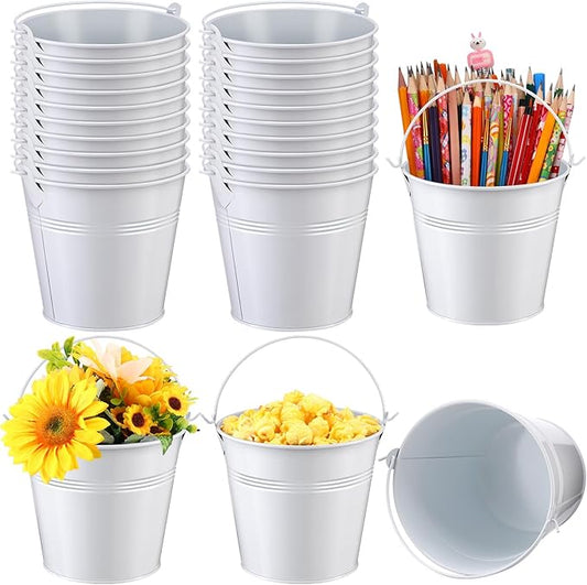Rtteri 24 Pcs Metal Bucket 5 x 3.5 x 4.7 Inch Mini Party Buckets for Flower Pot Plant Basket Iron Small Metallic Pails with Handle for Container Candy Snack Crafts Vase Party Favors(White)