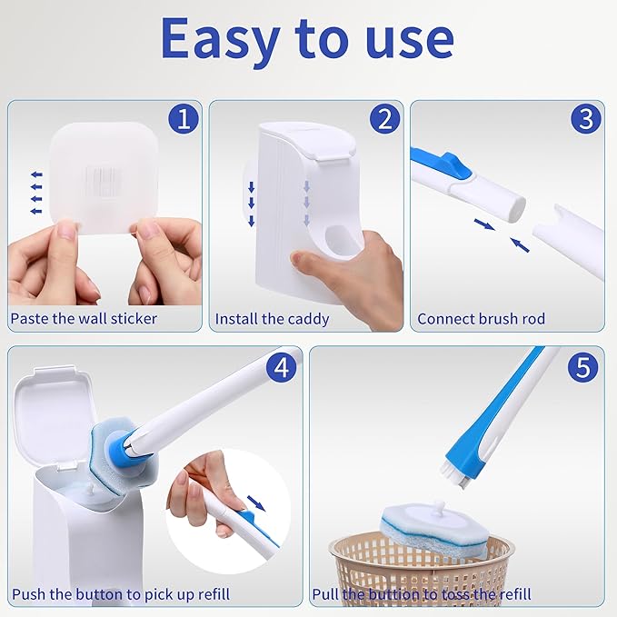 Disposable Toilet Brush with 40PCS Refills, Wall Mounted Compact Bathroom Bowl Wand Cleaning System Long Handle with Storage Caddy