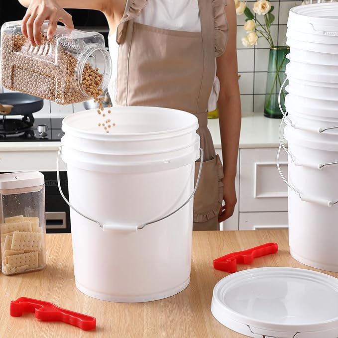 4 Pack 5 Gallon Plastic Bucket with Airtight Lid for Food Storage Heavy Duty Reusable White Bucket Pail Container with Metal Handles and Plastic Grip, with 2 Pcs Red Lid Opener